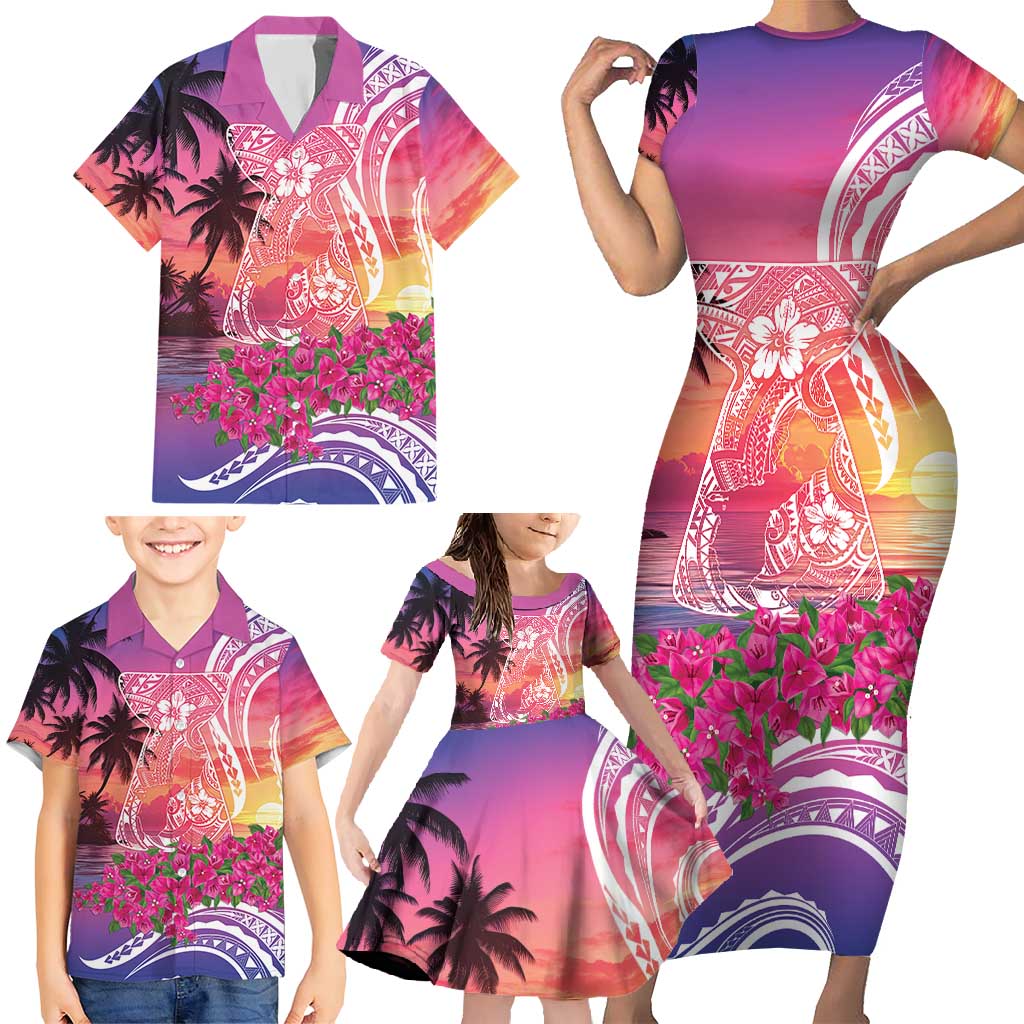 Guam Latte Stone with Map Family Matching Short Sleeve Bodycon Dress and Hawaiian Shirt Bougainvillea Beach Sunset LT9 - Polynesian Pride