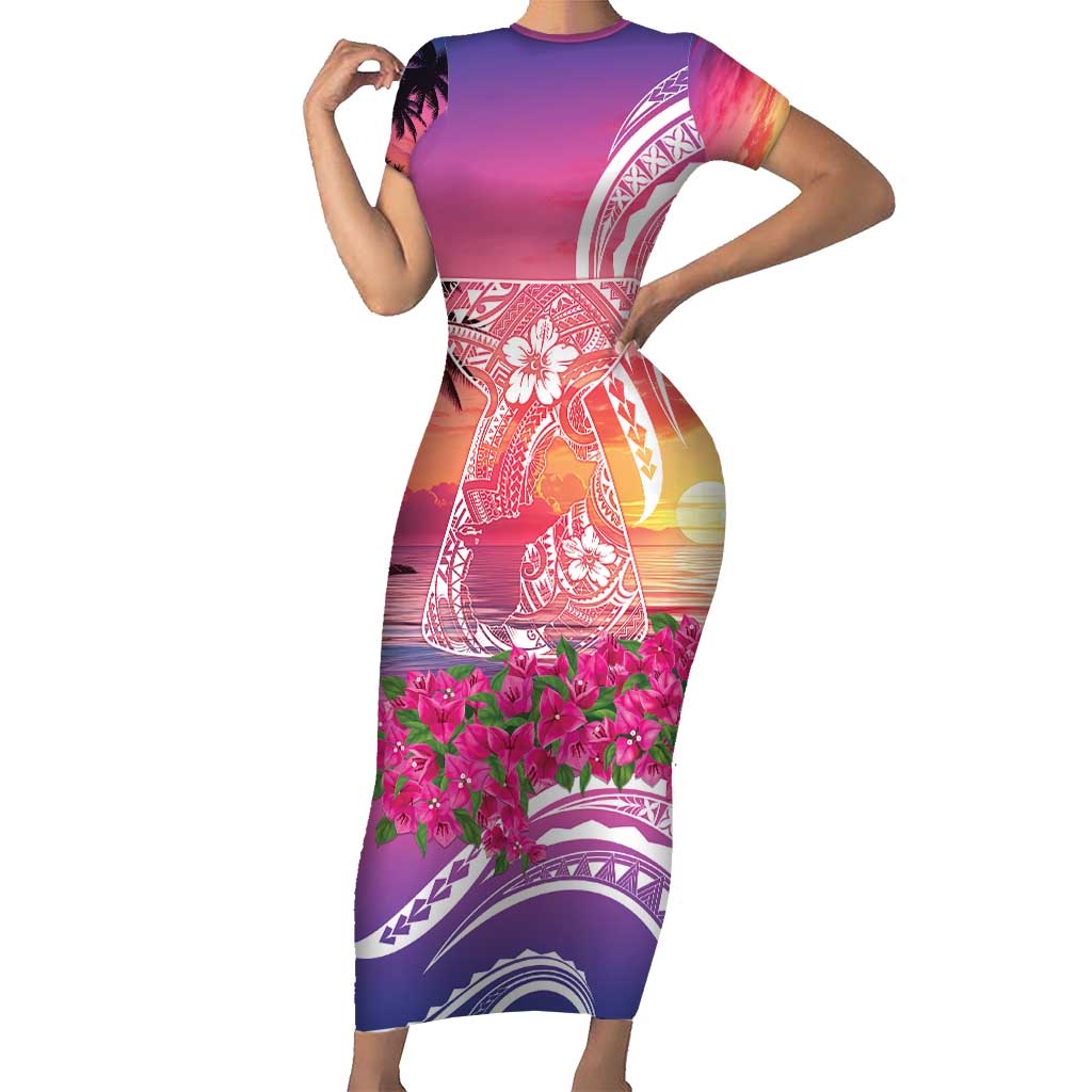 Guam Latte Stone with Map Family Matching Short Sleeve Bodycon Dress and Hawaiian Shirt Bougainvillea Beach Sunset LT9 Mom's Dress Sunset - Polynesian Pride