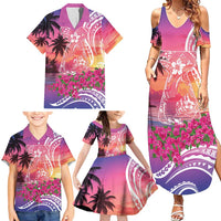 Guam Latte Stone with Map Family Matching Summer Maxi Dress and Hawaiian Shirt Bougainvillea Beach Sunset LT9 - Polynesian Pride