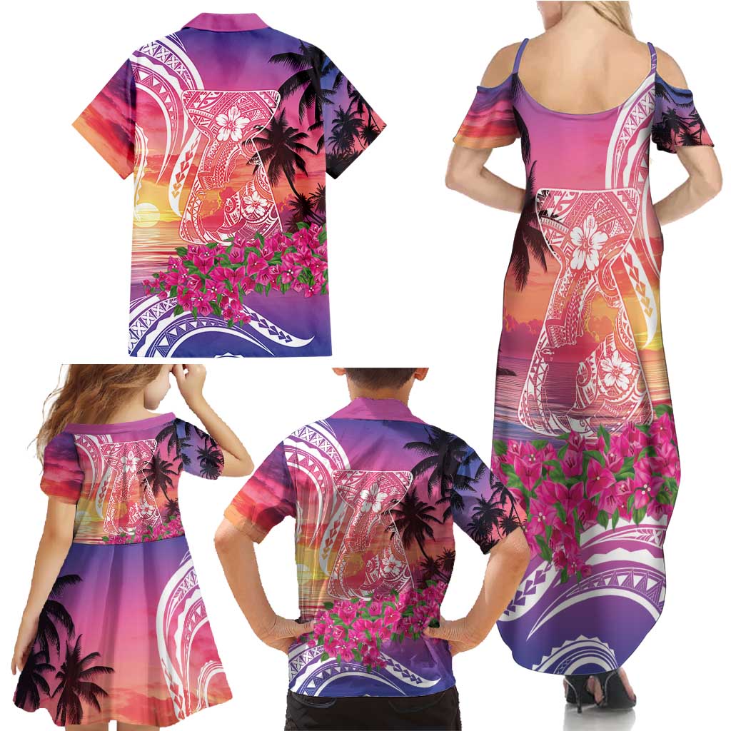 Guam Latte Stone with Map Family Matching Summer Maxi Dress and Hawaiian Shirt Bougainvillea Beach Sunset LT9 - Polynesian Pride
