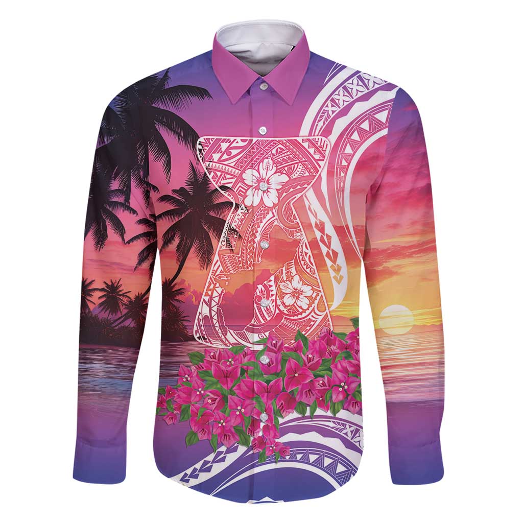 Guam Latte Stone with Map Family Matching Summer Maxi Dress and Hawaiian Shirt Bougainvillea Beach Sunset LT9 Dad's Shirt - Long Sleeve Sunset - Polynesian Pride