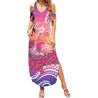 Guam Latte Stone with Map Family Matching Summer Maxi Dress and Hawaiian Shirt Bougainvillea Beach Sunset LT9 Mom's Dress Sunset - Polynesian Pride