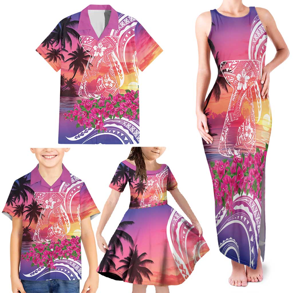 Guam Latte Stone with Map Family Matching Tank Maxi Dress and Hawaiian Shirt Bougainvillea Beach Sunset LT9 - Polynesian Pride