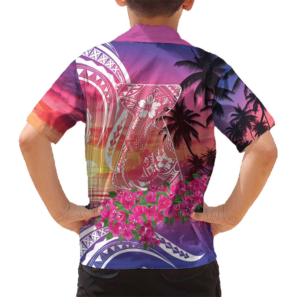 Guam Latte Stone with Map Hawaiian Shirt Bougainvillea Beach Sunset LT9 - Polynesian Pride