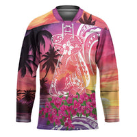 Guam Latte Stone with Map Hockey Jersey Bougainvillea Beach Sunset - Polynesian Pride