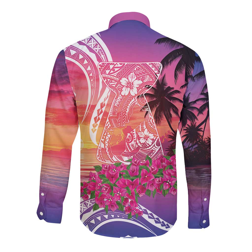 Guam Latte Stone with Map Long Sleeve Button Shirt Bougainvillea Beach Sunset