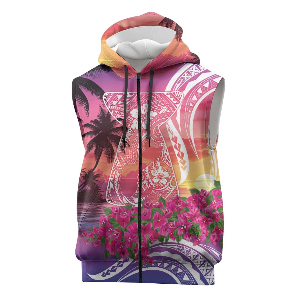 Guam Latte Stone with Map Sleeveless Zip Hoodie Bougainvillea Beach Sunset - Polynesian Pride