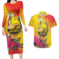 Papua New Guinea Cultural Tropical Flowers Couples Matching Long Sleeve Bodycon Dress and Hawaiian Shirt LT9 Gold - Polynesian Pride