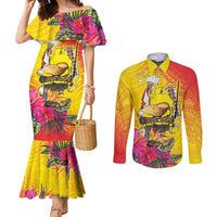 Papua New Guinea Cultural Tropical Flowers Couples Matching Mermaid Dress and Long Sleeve Button Shirt LT9 Gold - Polynesian Pride