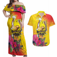 Papua New Guinea Cultural Tropical Flowers Couples Matching Off Shoulder Maxi Dress and Hawaiian Shirt LT9 Gold - Polynesian Pride