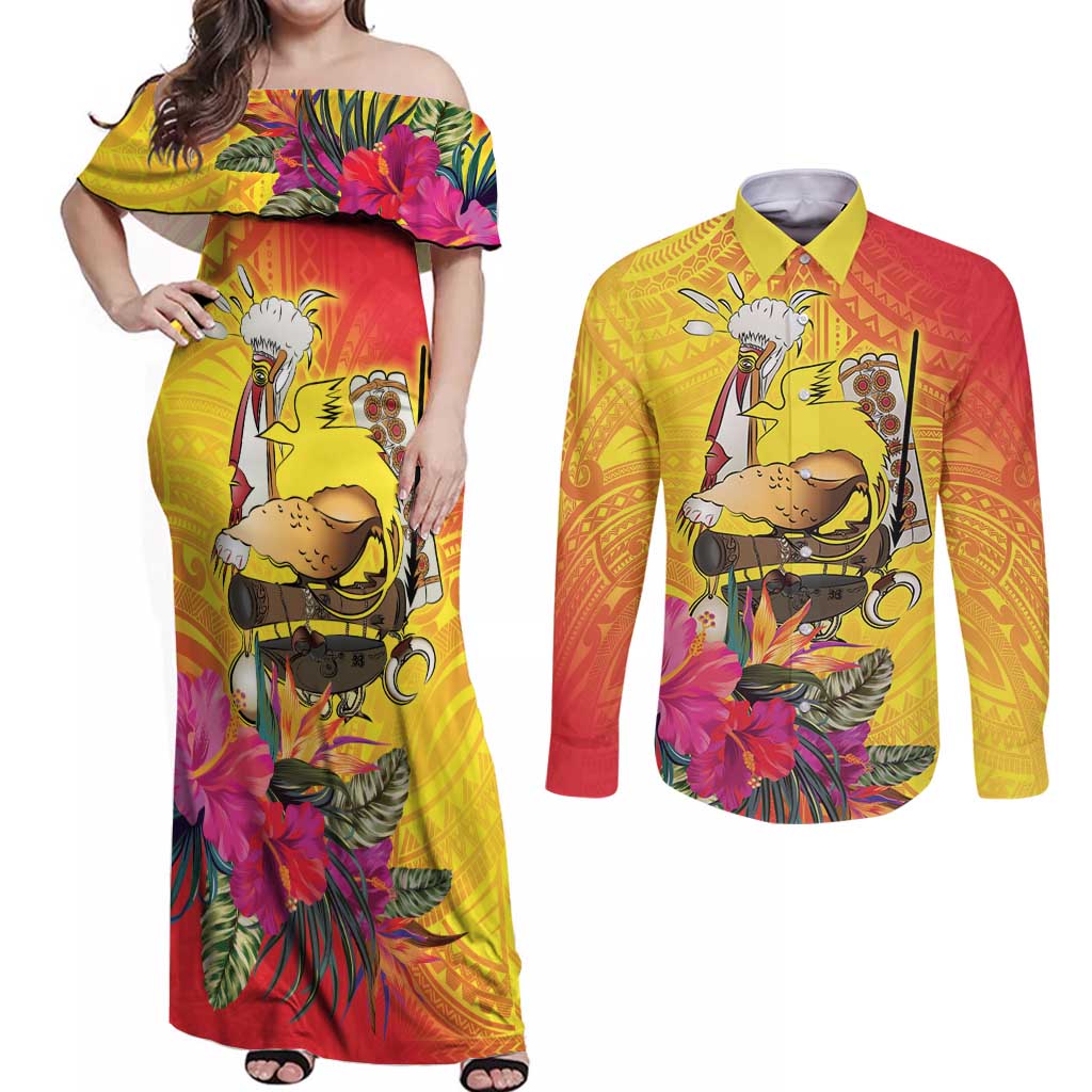 Papua New Guinea Cultural Tropical Flowers Couples Matching Off Shoulder Maxi Dress and Long Sleeve Button Shirt LT9 Gold - Polynesian Pride