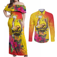 Papua New Guinea Cultural Tropical Flowers Couples Matching Off Shoulder Maxi Dress and Long Sleeve Button Shirt LT9 Gold - Polynesian Pride