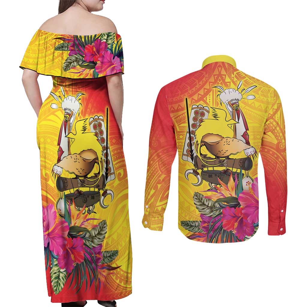 Papua New Guinea Cultural Tropical Flowers Couples Matching Off Shoulder Maxi Dress and Long Sleeve Button Shirt LT9 - Polynesian Pride