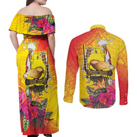 Papua New Guinea Cultural Tropical Flowers Couples Matching Off Shoulder Maxi Dress and Long Sleeve Button Shirt LT9 - Polynesian Pride