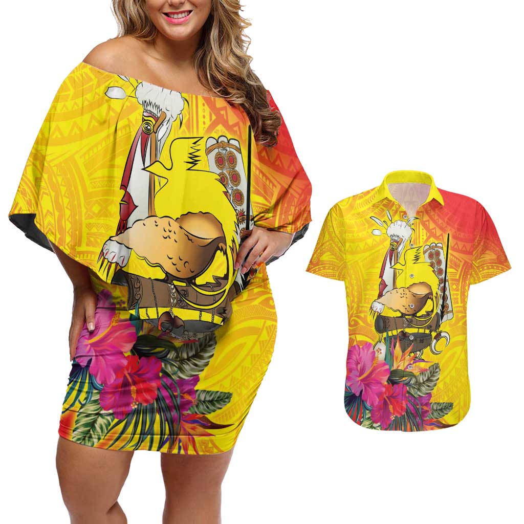 Papua New Guinea Cultural Tropical Flowers Couples Matching Off Shoulder Short Dress and Hawaiian Shirt LT9 Gold - Polynesian Pride