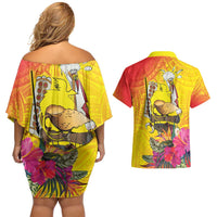 Papua New Guinea Cultural Tropical Flowers Couples Matching Off Shoulder Short Dress and Hawaiian Shirt LT9 - Polynesian Pride