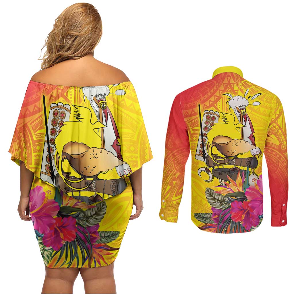Papua New Guinea Cultural Tropical Flowers Couples Matching Off Shoulder Short Dress and Long Sleeve Button Shirt LT9 - Polynesian Pride
