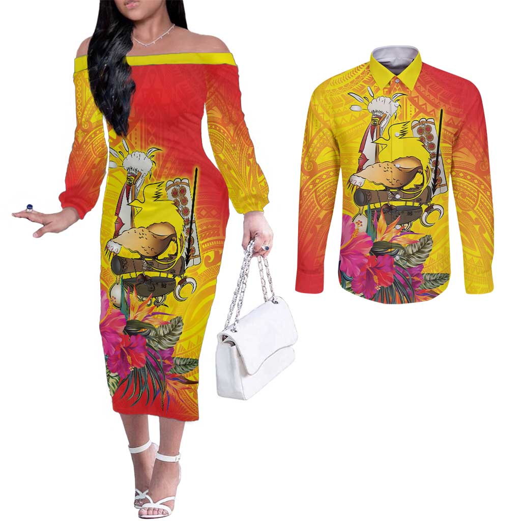 Papua New Guinea Cultural Tropical Flowers Couples Matching Off The Shoulder Long Sleeve Dress and Long Sleeve Button Shirt LT9 Gold - Polynesian Pride