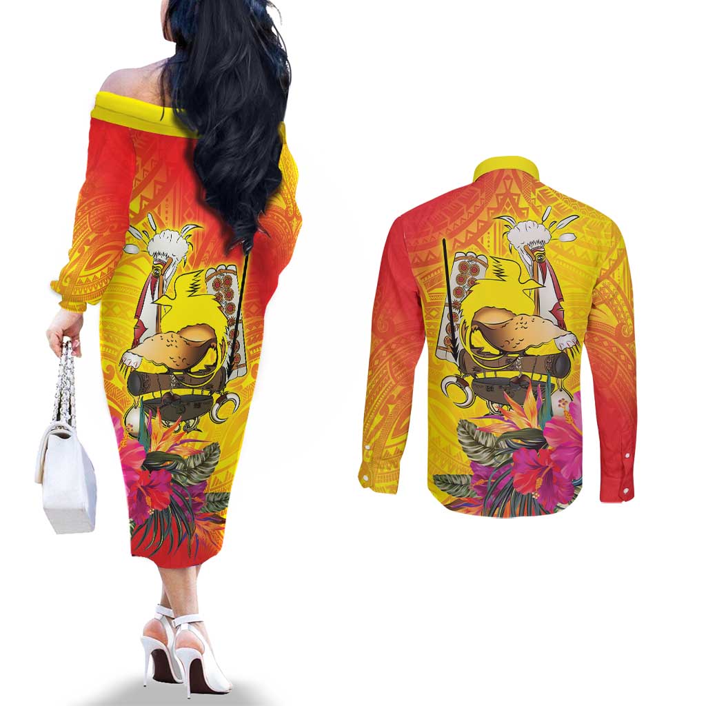 Papua New Guinea Cultural Tropical Flowers Couples Matching Off The Shoulder Long Sleeve Dress and Long Sleeve Button Shirt LT9 - Polynesian Pride