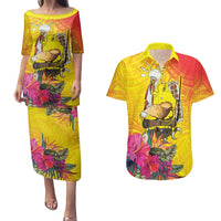Papua New Guinea Cultural Tropical Flowers Couples Matching Puletasi and Hawaiian Shirt LT9 Gold - Polynesian Pride