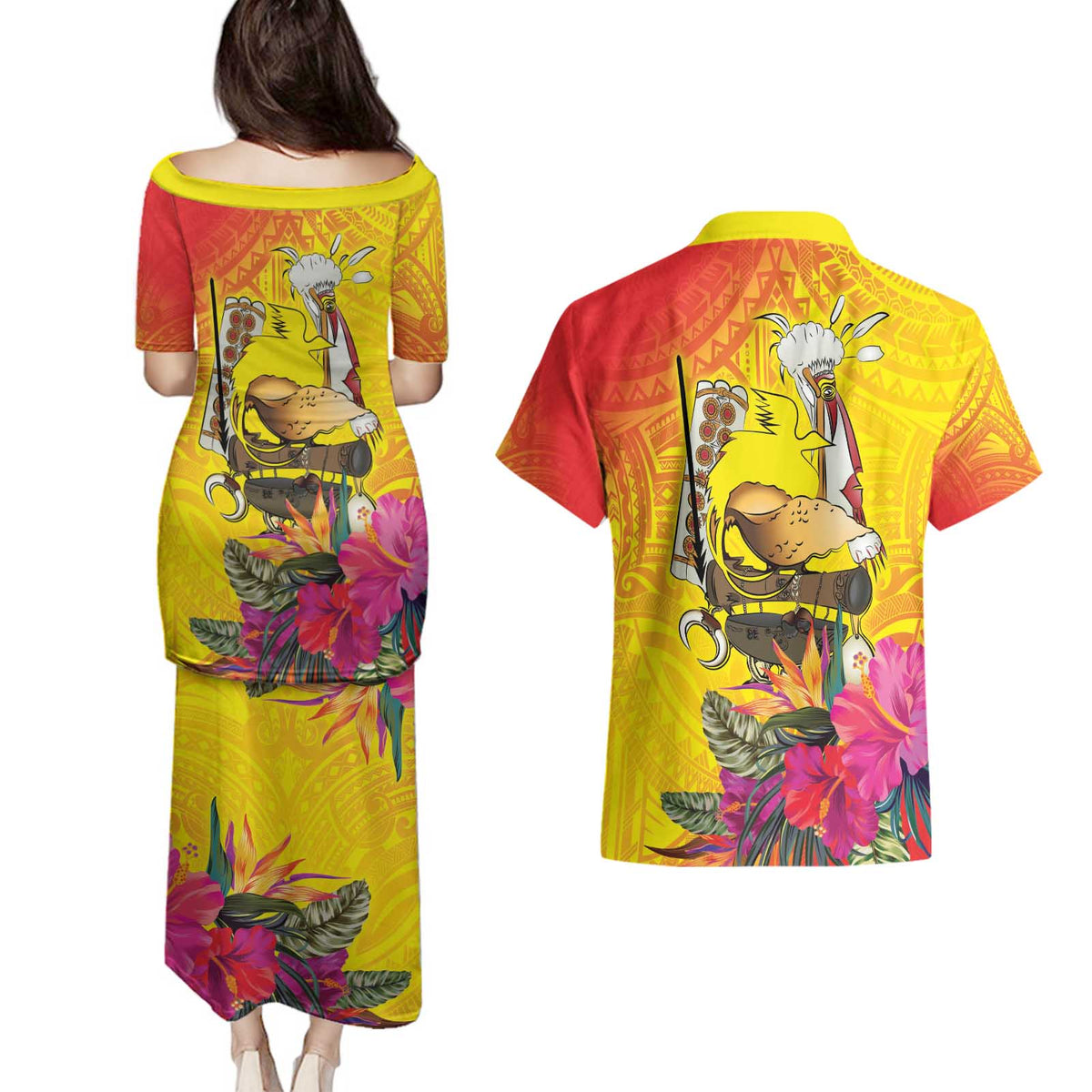 Papua New Guinea Cultural Tropical Flowers Couples Matching Puletasi and Hawaiian Shirt LT9 - Polynesian Pride