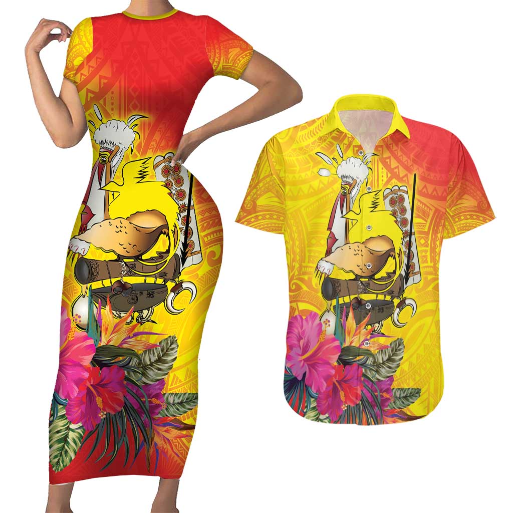 Papua New Guinea Cultural Tropical Flowers Couples Matching Short Sleeve Bodycon Dress and Hawaiian Shirt LT9 Gold - Polynesian Pride