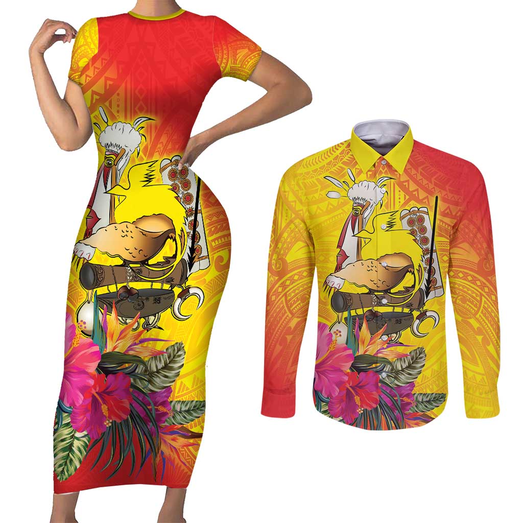 Papua New Guinea Cultural Tropical Flowers Couples Matching Short Sleeve Bodycon Dress and Long Sleeve Button Shirt LT9 Gold - Polynesian Pride