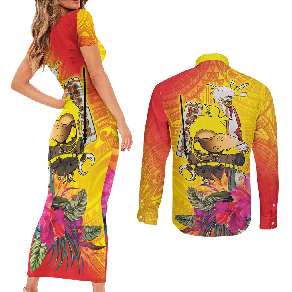 Papua New Guinea Cultural Tropical Flowers Couples Matching Short Sleeve Bodycon Dress and Long Sleeve Button Shirt LT9 - Polynesian Pride