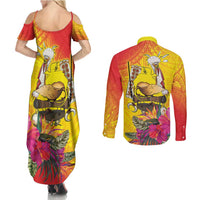 Papua New Guinea Cultural Tropical Flowers Couples Matching Summer Maxi Dress and Long Sleeve Button Shirt LT9 - Polynesian Pride