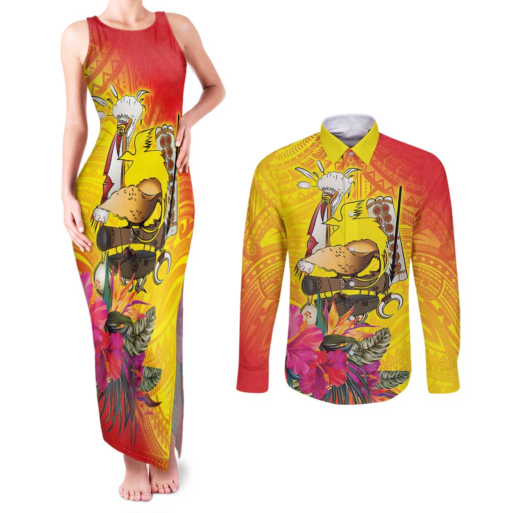 Papua New Guinea Cultural Tropical Flowers Couples Matching Tank Maxi Dress and Long Sleeve Button Shirt LT9 Gold - Polynesian Pride