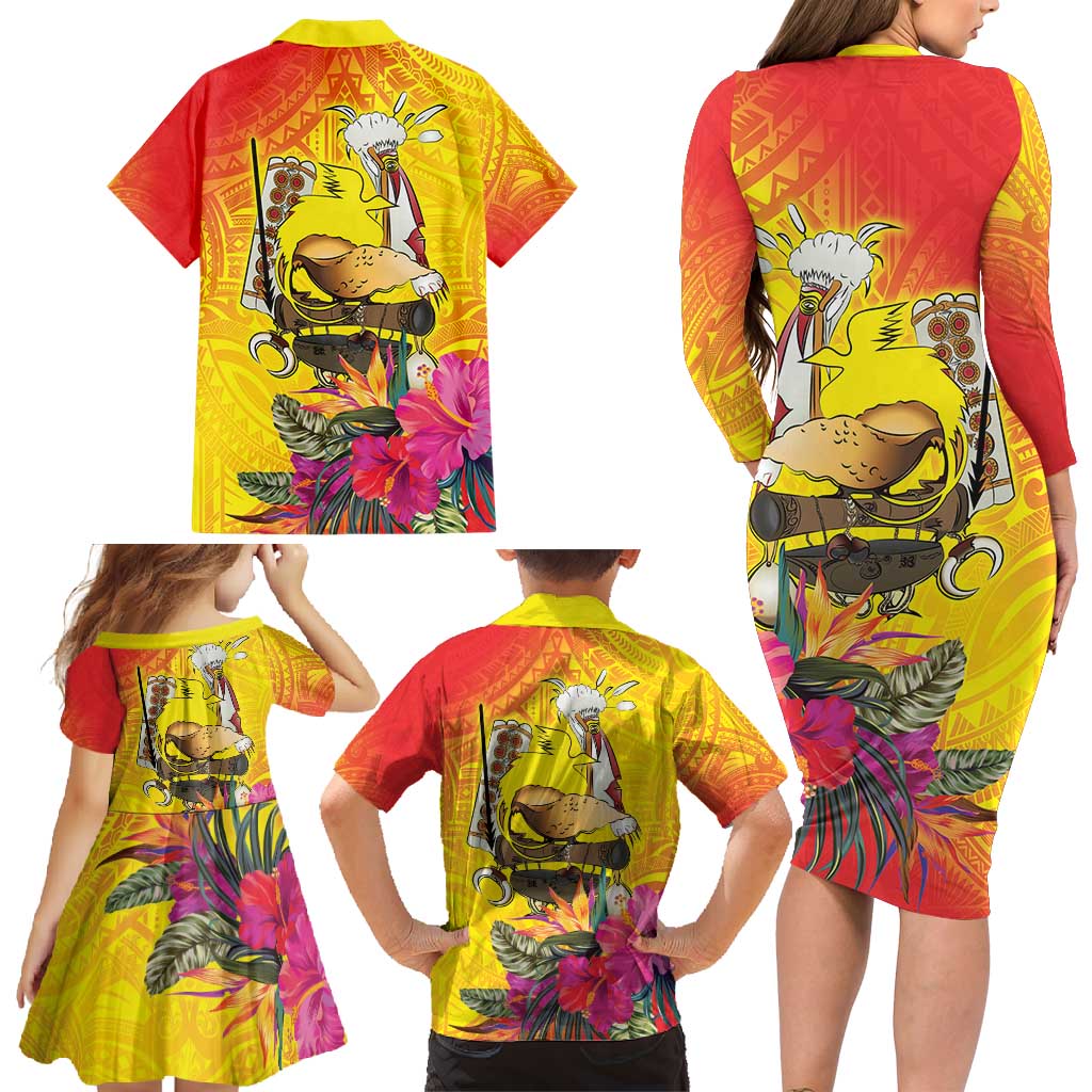 Papua New Guinea Cultural Tropical Flowers Family Matching Long Sleeve Bodycon Dress and Hawaiian Shirt LT9 - Polynesian Pride
