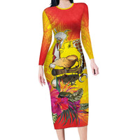 Papua New Guinea Cultural Tropical Flowers Family Matching Long Sleeve Bodycon Dress and Hawaiian Shirt LT9 Mom's Dress Gold - Polynesian Pride