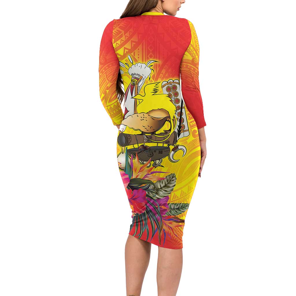 Papua New Guinea Cultural Tropical Flowers Family Matching Long Sleeve Bodycon Dress and Hawaiian Shirt LT9 - Polynesian Pride
