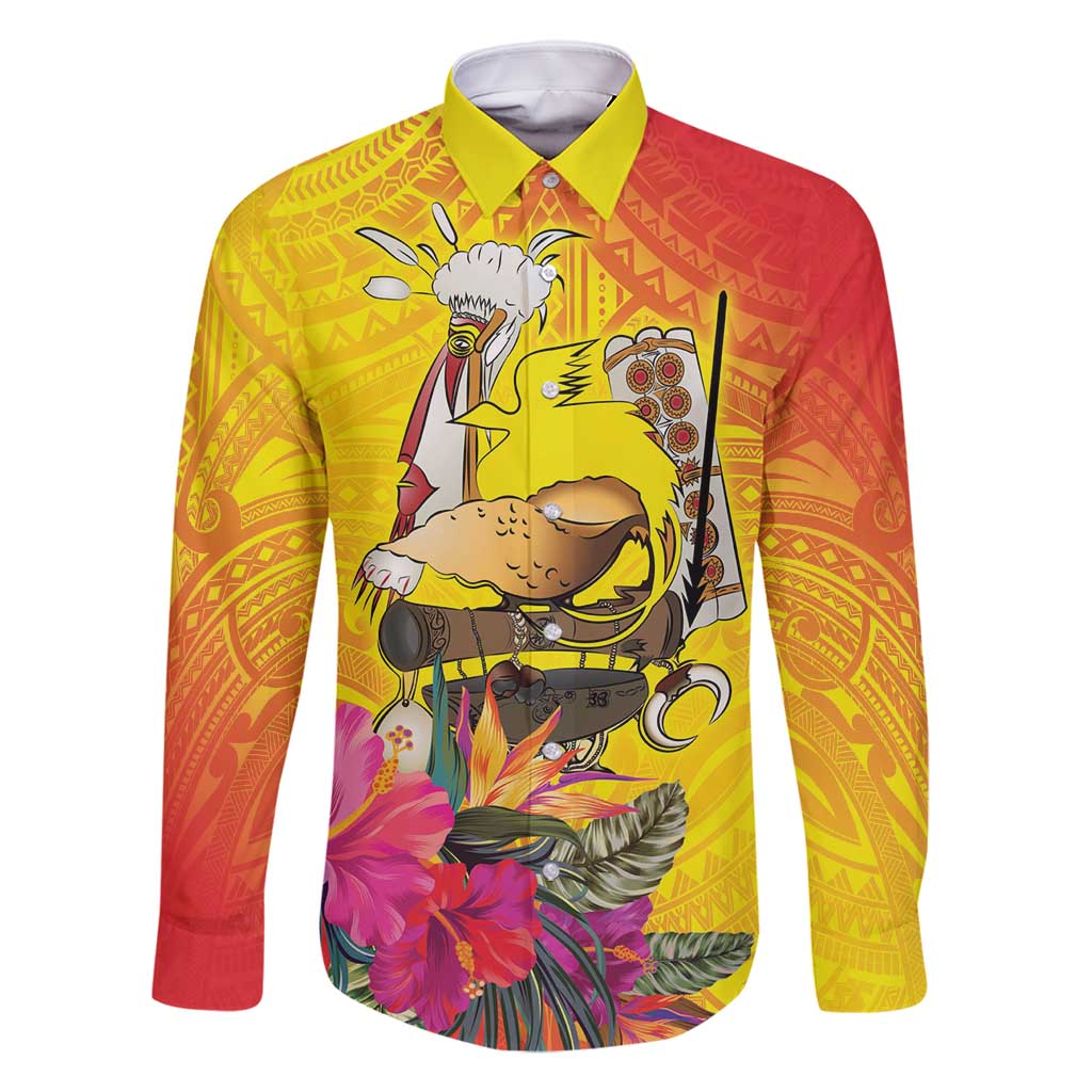 Papua New Guinea Cultural Tropical Flowers Family Matching Off Shoulder Maxi Dress and Hawaiian Shirt LT9 Dad's Shirt - Long Sleeve Gold - Polynesian Pride