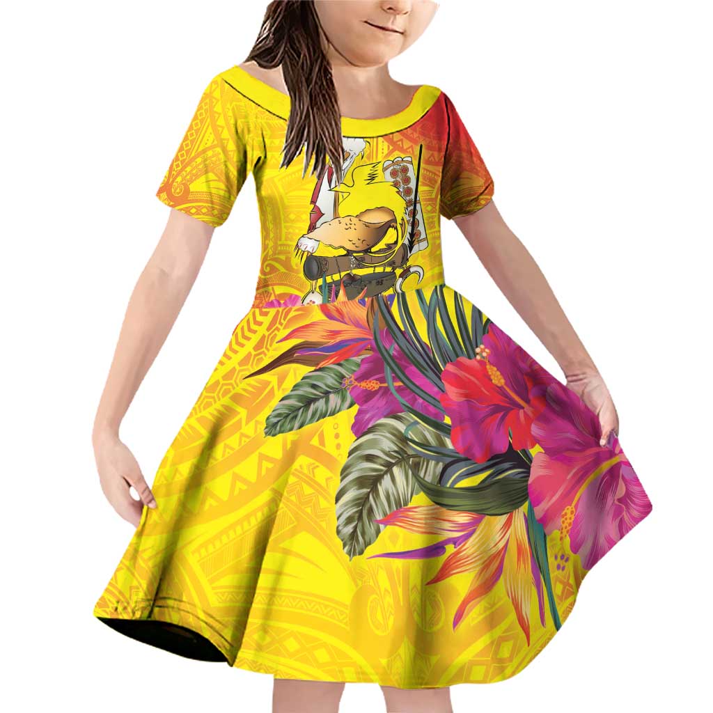 Papua New Guinea Cultural Tropical Flowers Family Matching Off Shoulder Short Dress and Hawaiian Shirt LT9 Daughter's Dress Gold - Polynesian Pride