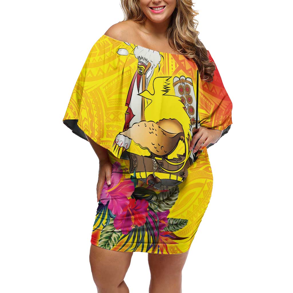 Papua New Guinea Cultural Tropical Flowers Family Matching Off Shoulder Short Dress and Hawaiian Shirt LT9 Mom's Dress Gold - Polynesian Pride