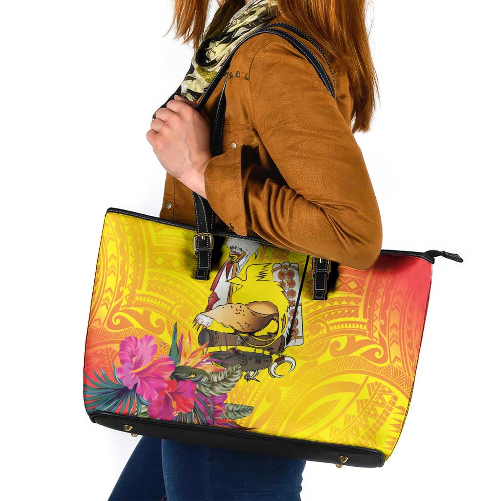 Papua New Guinea Cultural Tropical Flowers Leather Tote Bag LT9 Gold - Polynesian Pride