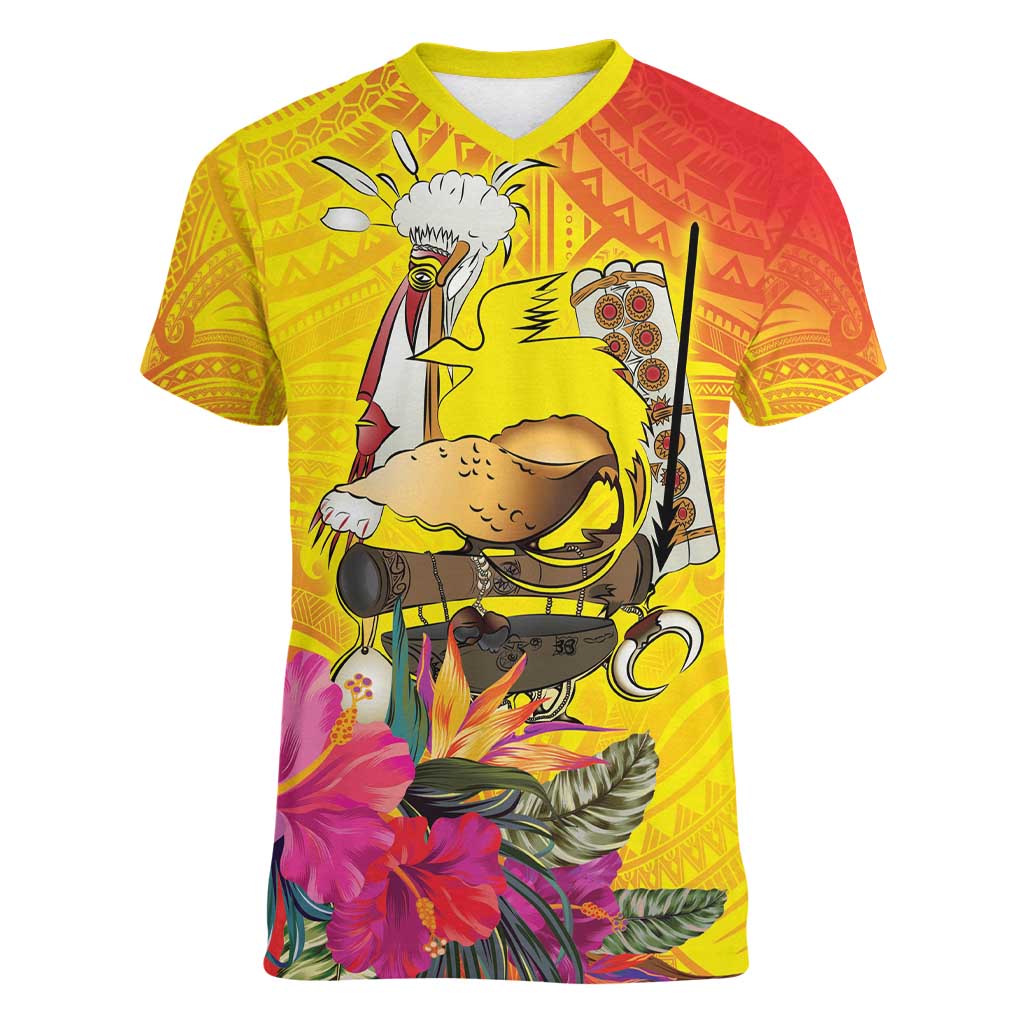 Papua New Guinea Cultural Tropical Flowers Women V-Neck T-Shirt LT9 Female Gold - Polynesian Pride