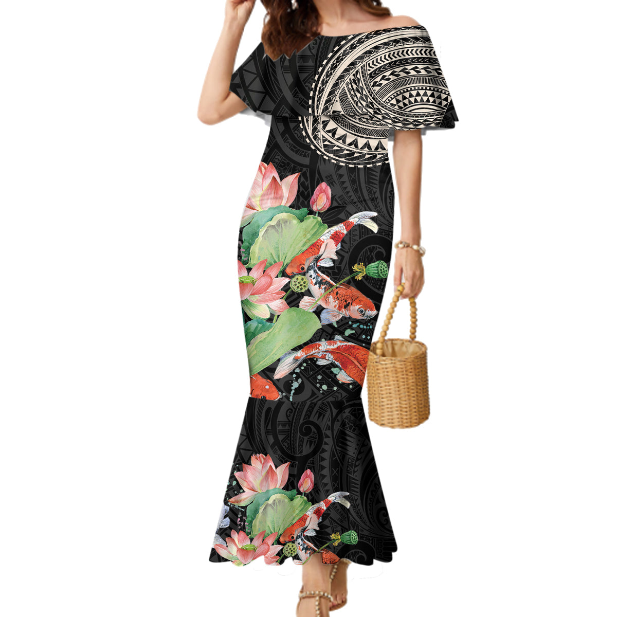 Personalized Japanese Koi Fish Family Matching Mermaid Dress and Hawaiian Shirt with Polynesian Pattern