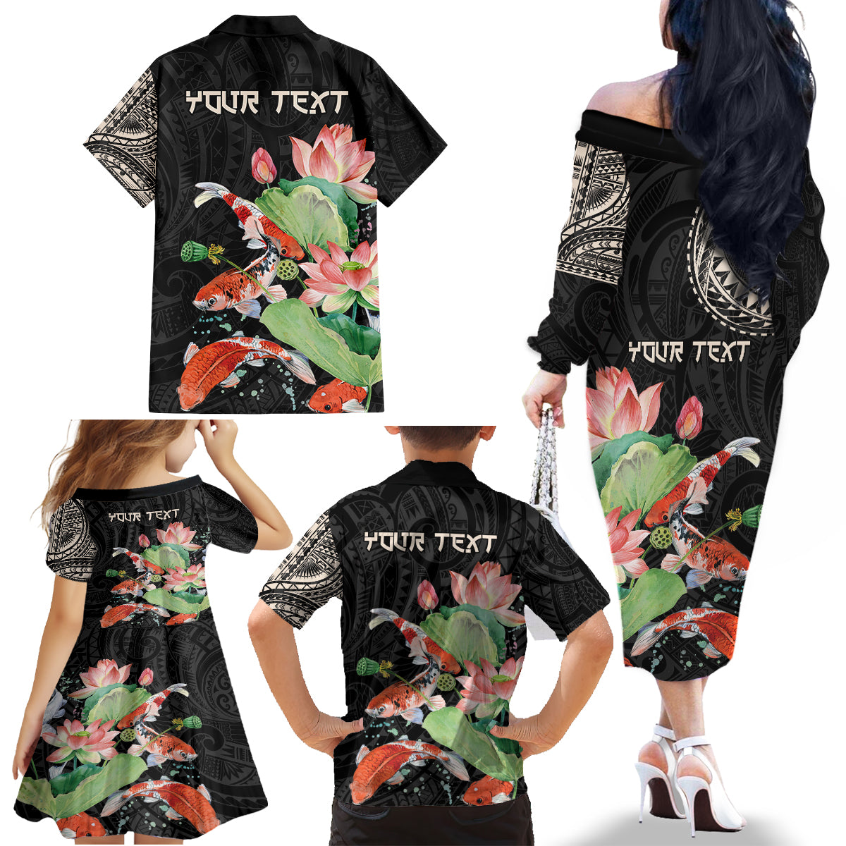 Personalized Japanese Koi Fish Family Matching Off The Shoulder Long Sleeve Dress and Hawaiian Shirt with Polynesian Pattern LT9 - Polynesian Pride