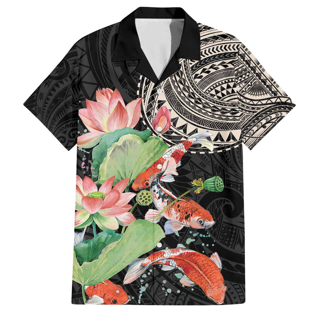 Personalized Japanese Koi Fish Family Matching Off The Shoulder Long Sleeve Dress and Hawaiian Shirt with Polynesian Pattern LT9 Dad's Shirt - Short Sleeve Black - Polynesian Pride