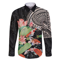 Personalized Japanese Koi Fish Family Matching Off The Shoulder Long Sleeve Dress and Hawaiian Shirt with Polynesian Pattern LT9 Dad's Shirt - Long Sleeve Black - Polynesian Pride