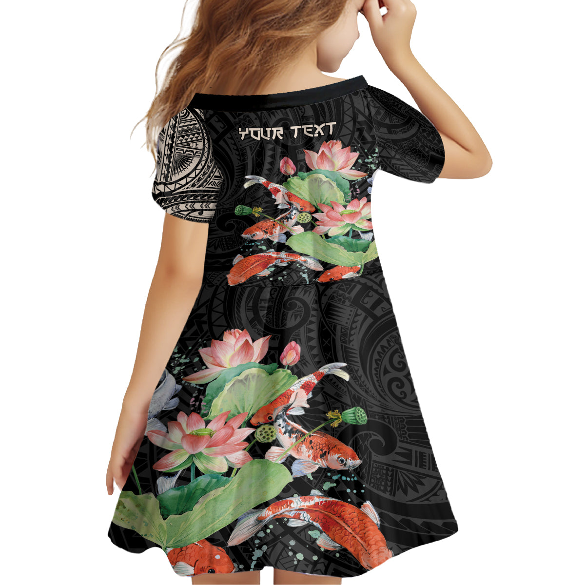 Personalized Japanese Koi Fish Kid Short Sleeve Dress with Polynesian Pattern