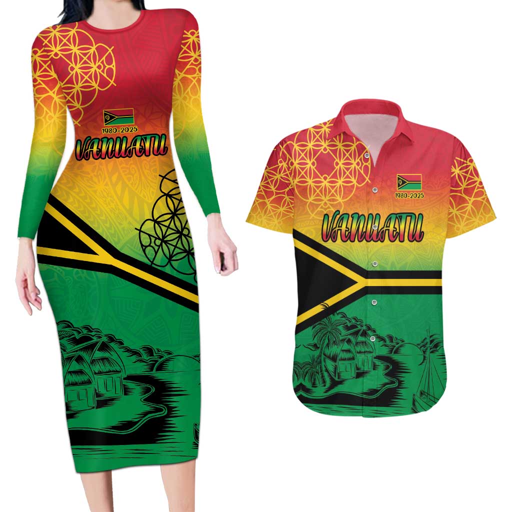 Hapi 45th Indipendens Dei Vanuatu Couples Matching Long Sleeve Bodycon Dress and Hawaiian Shirt Yumi 1980 with Vanuatuan Beach Landscape LT9 Red - Polynesian Pride