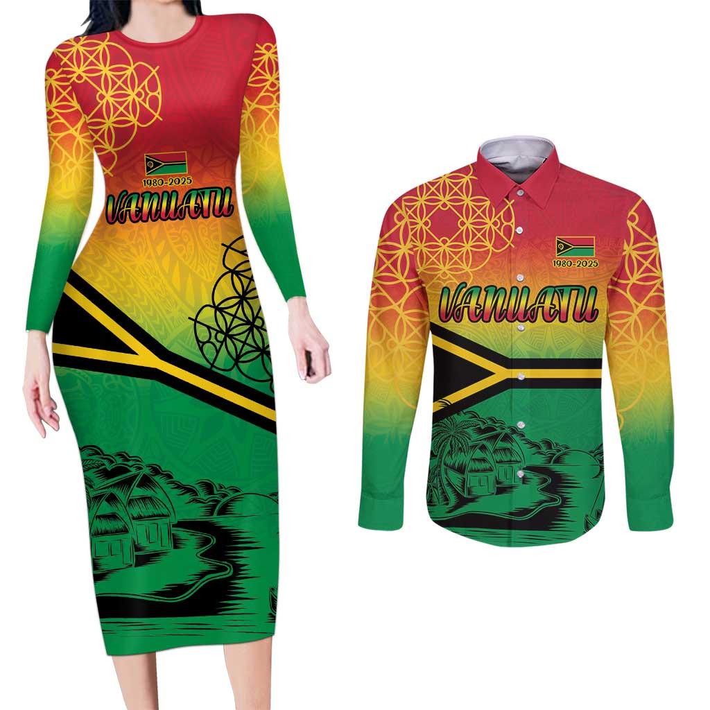 Hapi 45th Indipendens Dei Vanuatu Couples Matching Long Sleeve Bodycon Dress and Long Sleeve Button Shirt Yumi 1980 with Vanuatuan Beach Landscape LT9 Red - Polynesian Pride