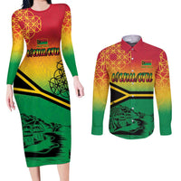 Hapi 45th Indipendens Dei Vanuatu Couples Matching Long Sleeve Bodycon Dress and Long Sleeve Button Shirt Yumi 1980 with Vanuatuan Beach Landscape LT9 Red - Polynesian Pride