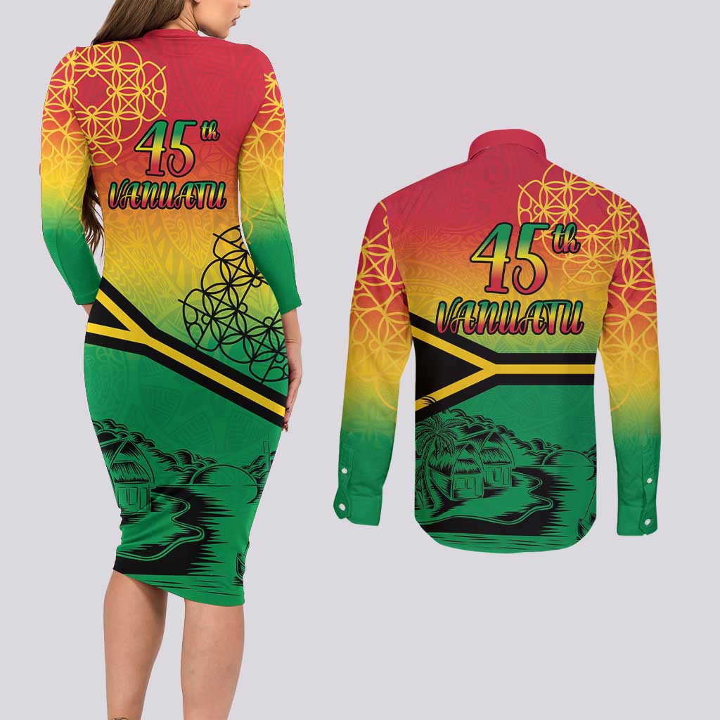Hapi 45th Indipendens Dei Vanuatu Couples Matching Long Sleeve Bodycon Dress and Long Sleeve Button Shirt Yumi 1980 with Vanuatuan Beach Landscape LT9 - Polynesian Pride
