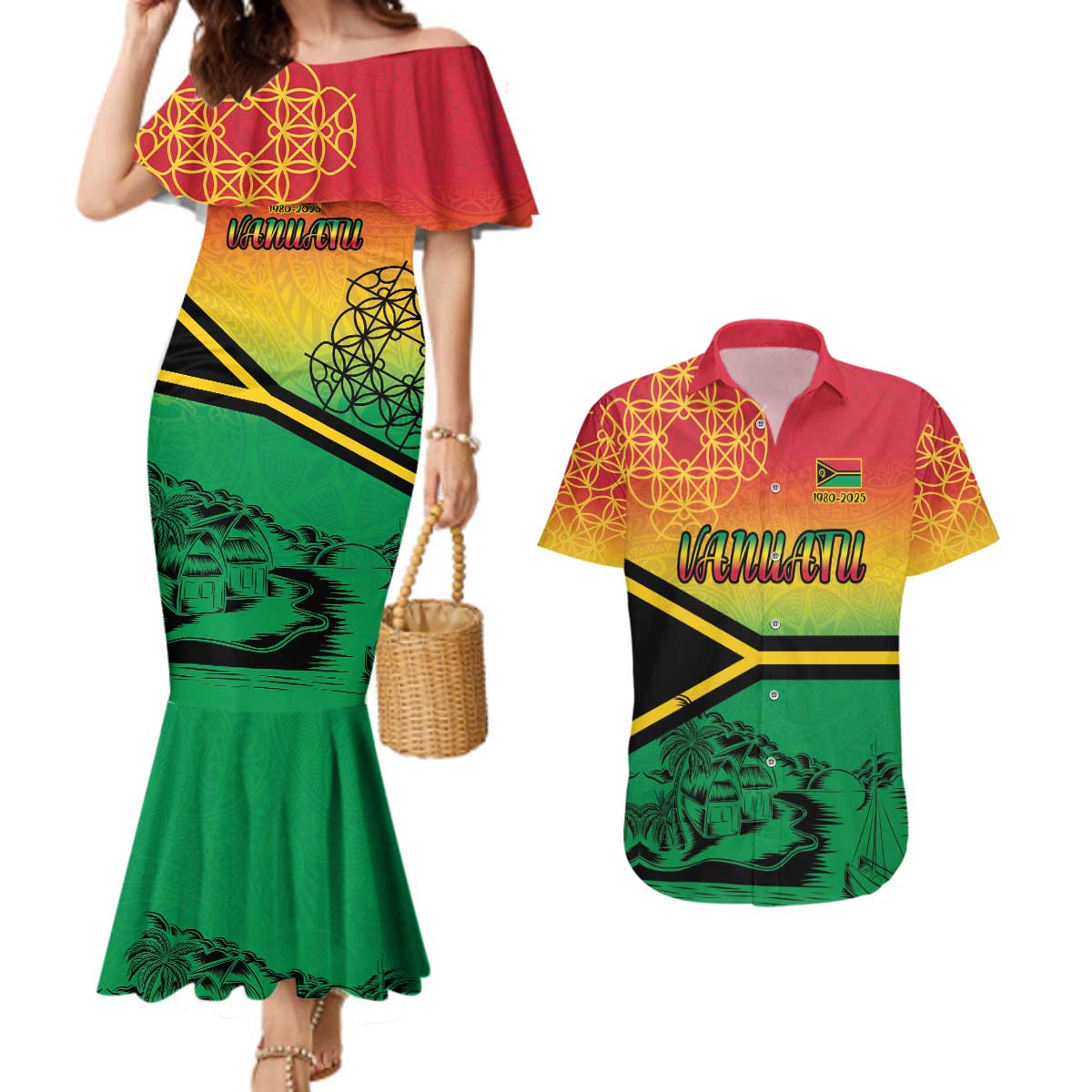 Hapi 45th Indipendens Dei Vanuatu Couples Matching Mermaid Dress and Hawaiian Shirt Yumi 1980 with Vanuatuan Beach Landscape LT9 Red - Polynesian Pride