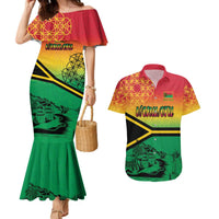 Hapi 45th Indipendens Dei Vanuatu Couples Matching Mermaid Dress and Hawaiian Shirt Yumi 1980 with Vanuatuan Beach Landscape LT9 Red - Polynesian Pride