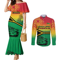 Hapi 45th Indipendens Dei Vanuatu Couples Matching Mermaid Dress and Long Sleeve Button Shirt Yumi 1980 with Vanuatuan Beach Landscape LT9 Red - Polynesian Pride